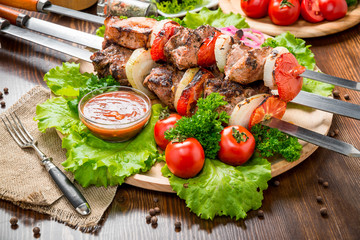meat skewers on the grill, Tasty and healthy food