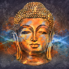 hoofd van Lord Buddha digitale kunstcollage gecombineerd met aquarel