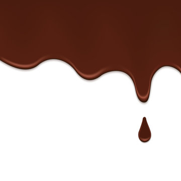 Melted chocolate dripping on white background. 