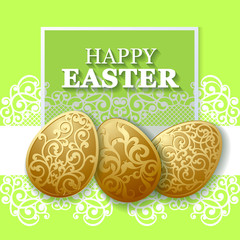 Golden Easter carved eggs. Vector illustration, can be used for creating holiday greeting card, banner or poster