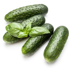 Cucumber vegetable and basil leaves isolated on white background cutout