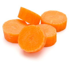 Chopped carrot slices isolated on white background cutout