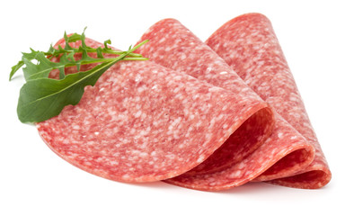 Salami smoked sausage slices isolated on white background