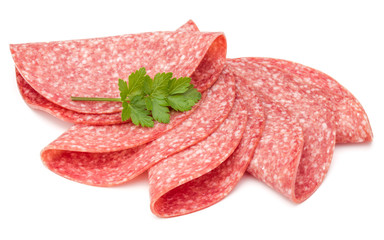 Salami smoked sausage slices isolated on white background