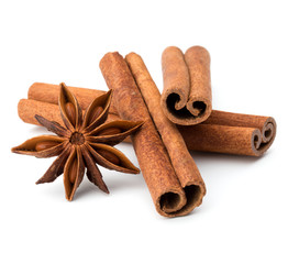 cinnamon stick and star anise spice isolated on white background closeup