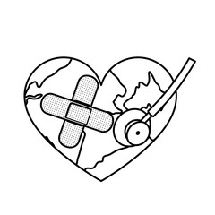 figure earth planet heart with stethoscope and band aid icon . Vector illustration