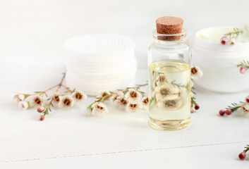Obraz na płótnie Canvas Bottle of essential aroma oil amidst delicate blossom, light airy tones. Floral feminine perfume.
