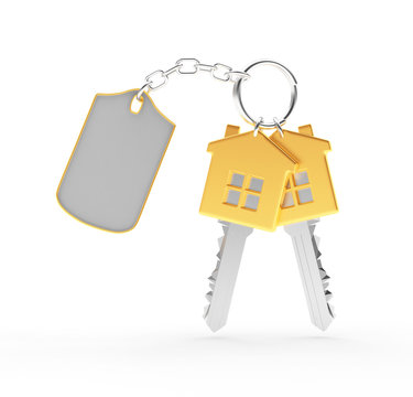 Golden house-shape keys with blank key chain isolated on white background. 3D illustration 