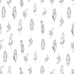 Feathers seamless pattern. Hand drawn vector illustration. Boho background. Wrapping paper.
