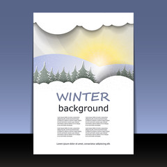 Abstract Flyer or Cover Design with Natural Winter Theme, Sunset in the Pine Forest in the Snowy Mountains - Illustration in Editable Vector Format 
