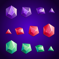  Cartoon crystal set of different shapes.   Purple, red, green color of the stone. GUI and UI elements.