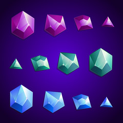  Cartoon crystal set of different shapes.  Purple, green, blue color of the stone. GUI and UI elements.