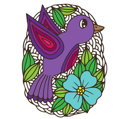 Colorful Easter egg with bird and flower on the white background