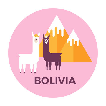 Vector illustration stickers or label of Bolivia with mountains and lamas. Flat design style.
