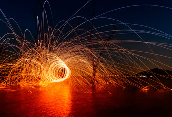 Ring of fire at the lake,Burning Steel Wool spinning