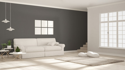 Minimalist simple clear living, white and gray, scandinavian classic interior design
