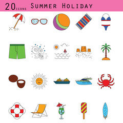 Summer holiday colored vector thin line icon set.