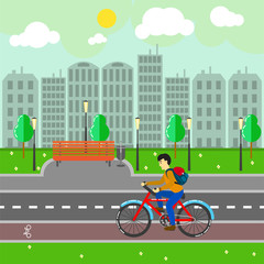 City landscape with buildings, road and cyclist vector illustration.
