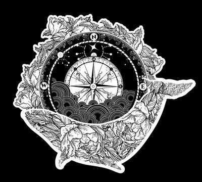 Antique compass and floral whale tattoo art. Mystical symbol of adventure, dreams. Compass and Whale t-shirt design. Travel, adventure, outdoors symbol whale, marine tattoo