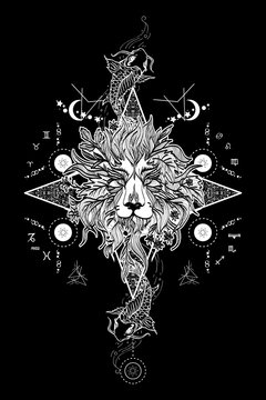 Mystic lion and carp, medieval astrological symbols, occult tattoo. Ornamental Tattoo Lion Head. Lion head tattoo design. Alchemy, religion, spirituality, occultism, tattoo lion art, coloring books.