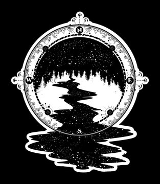 Star river flows from the compass tattoo art, travel symbol, tourism. Antique compass and stellar river t-shirt design, surreal graphics, boho style tattoo