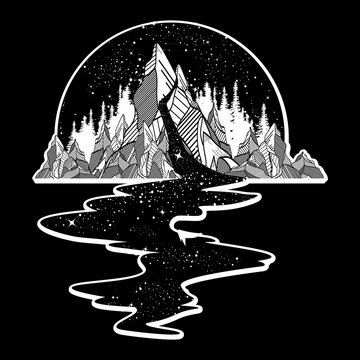 River of stars flows from the mountains, tattoo art. Infinite space, meditation symbols, travel, tourism. Endless universe concept. T-shirt design, surreal graphics