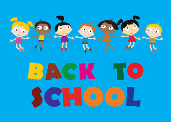 Welcome Back to school concept with childrens, chalkboard and Colorful worlds Vector.