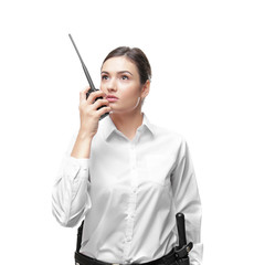 Female security guard on white background