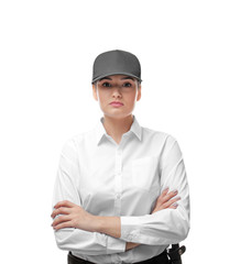 Female security guard on white background