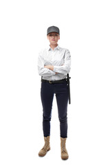 Female security guard on white background