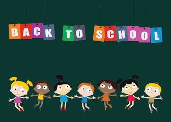 Welcome Back to school concept with childrens, chalkboard and Colorful worlds Vector.