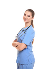 Young female nutritionist on white background