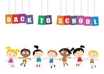 Welcome Back to school concept with childrens, chalkboard and Colorful worlds Vector.