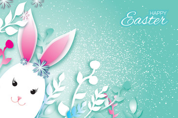 Cute Origami Funny Bunny, Flowers. Happy Easter Greeting card. Space for text.
