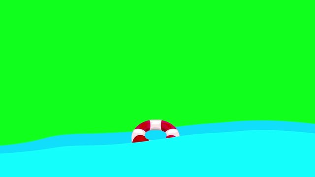 Cartoon Lifebuoy Floating in the Sea on a Green Screen