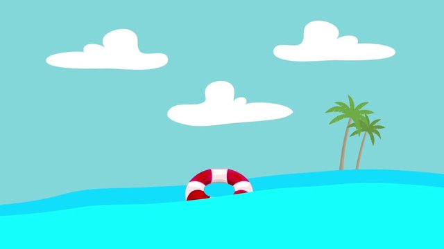 Cartoon Lifebuoy Floating in the Sea with an Island at the Distance