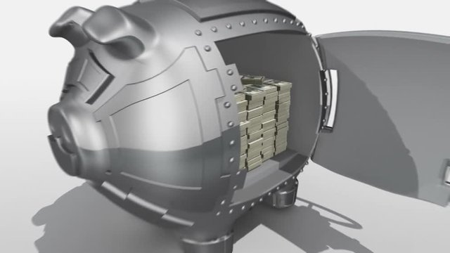 Steel piggy bank with dollars on white background. Conceptual 3D render.