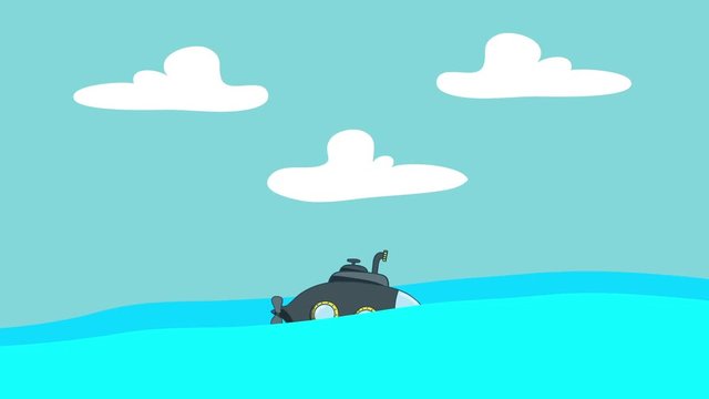 Cartoon Submarine Sailing in the Sea Between the Waves