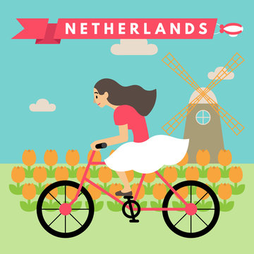 Vector illustration of woman riding bicycle in tulip field Netherlands