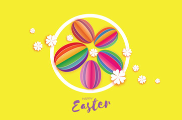 Origami Happy Easter. Colorful Paper cut Easter Egg, white flower. Circle frame. Yellow background