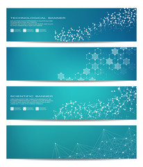 Set of modern scientific banners. Molecule structure DNA and neurons. Abstract background. Medicine, science, technology, business, website templates. Scalable vector graphics.