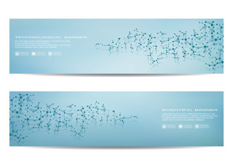 Set of modern scientific banners. Molecule structure DNA and neurons. Abstract background. Medicine, science, technology, business, website templates. Scalable vector graphics.