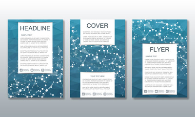 Set of business templates for brochure, flyer, cover magazine in A4 size. Structure molecule DNA and neurons. Geometric abstract background. Medicine, science, technology. Scalable vector graphics.
