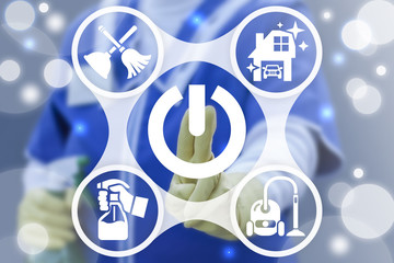 Cleaning service business concept. Cleaner or worker touched cleaning service start button on virtual screen. Professional cleanup house and office support technology