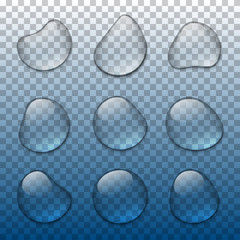 Vector realistic water drops set on transparent background. Transparent rain drops with glares and shadows.