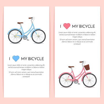 Blue and pink retro bicycle with basket isolated on white background.