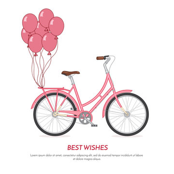 Pink retro bicycle withballoons attached to the trunk Flat vector illustration