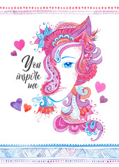 Whimsical hand drawn card template with watercolor zentangles, female portrait