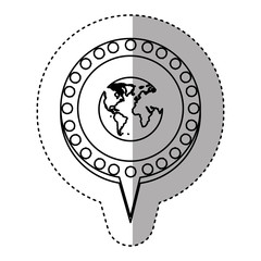 monochrome sticker with world map and circular speech with contour dotted and tail vector illustration
