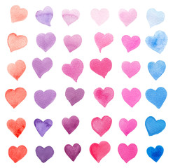 Watercolor collection of colorful hearts isolated on white - pink, red, purple, blue tints.